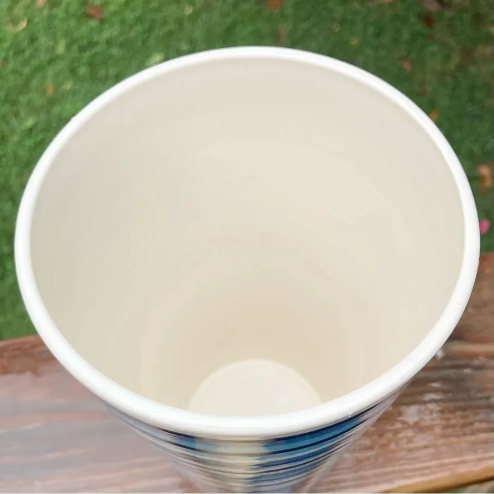 IKEA Striped Ceramic Vase Blue and White 8.5 inches Tall
